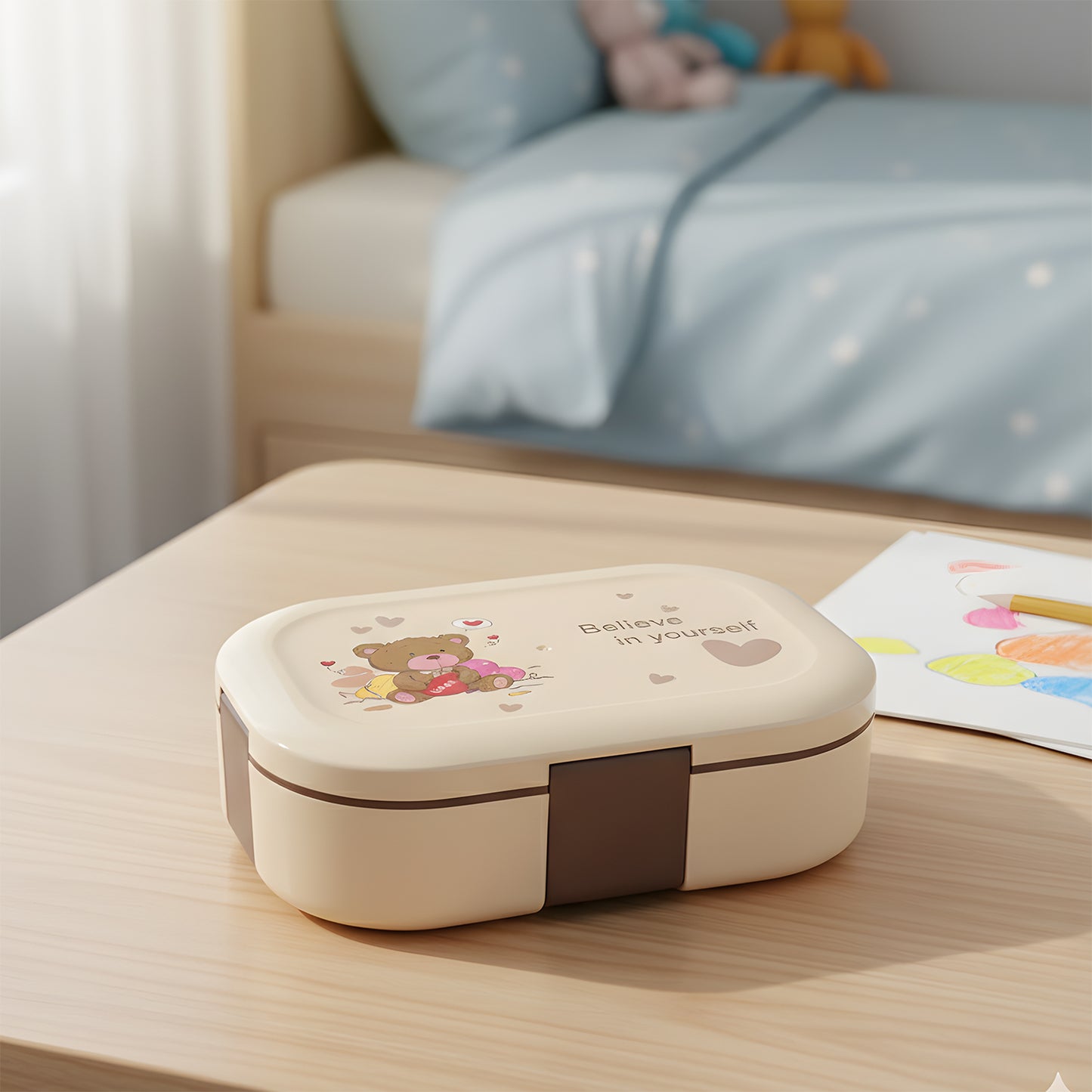 Wukusy cute teddy printed kids lunch box with 500ml capacity, featuring teddy bear design, suitable for children’s lunch storage