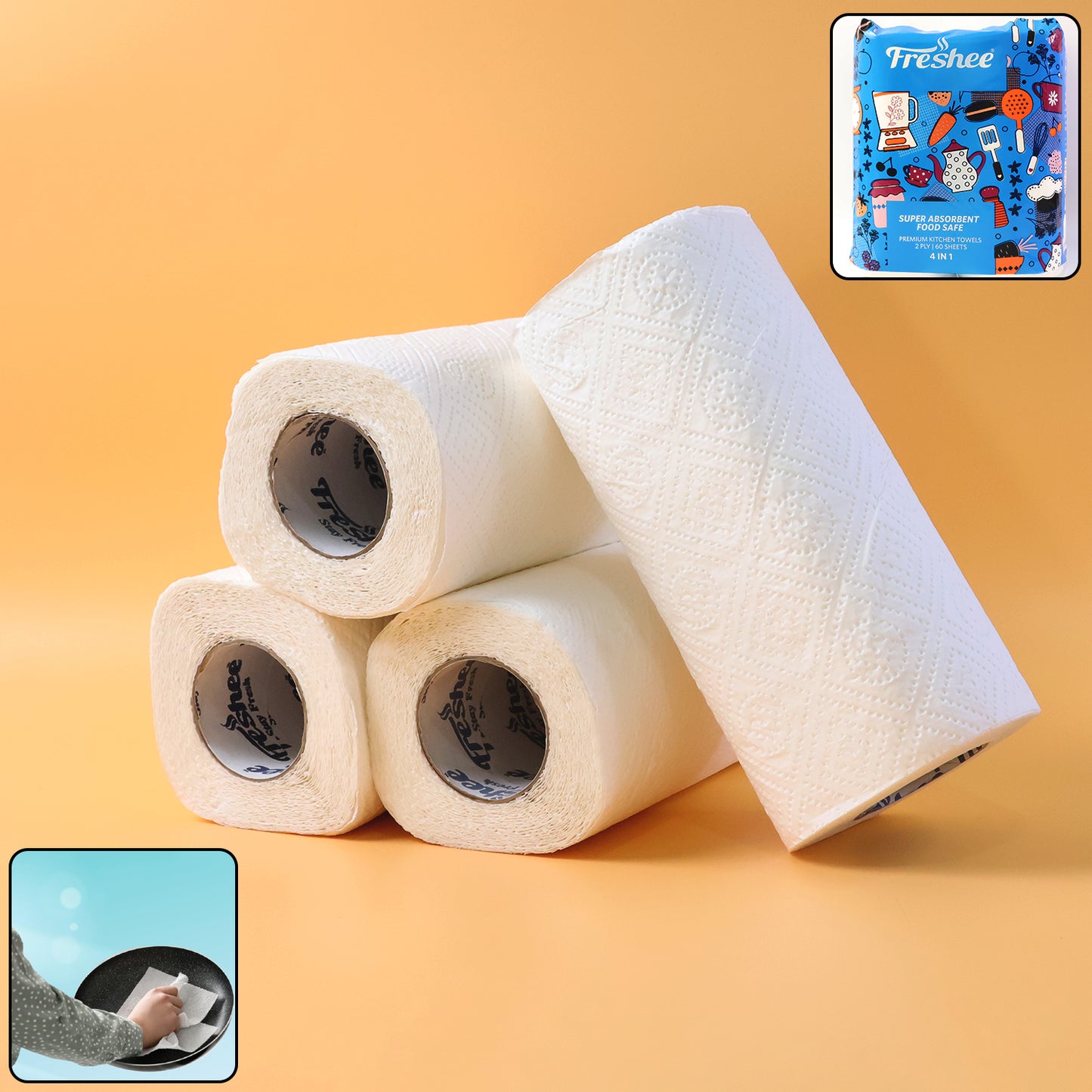 Wukusy Freshee super-absorbent kitchen roll paper towels, 4 rolls with 60 sheets each, ideal for cleaning and kitchen use