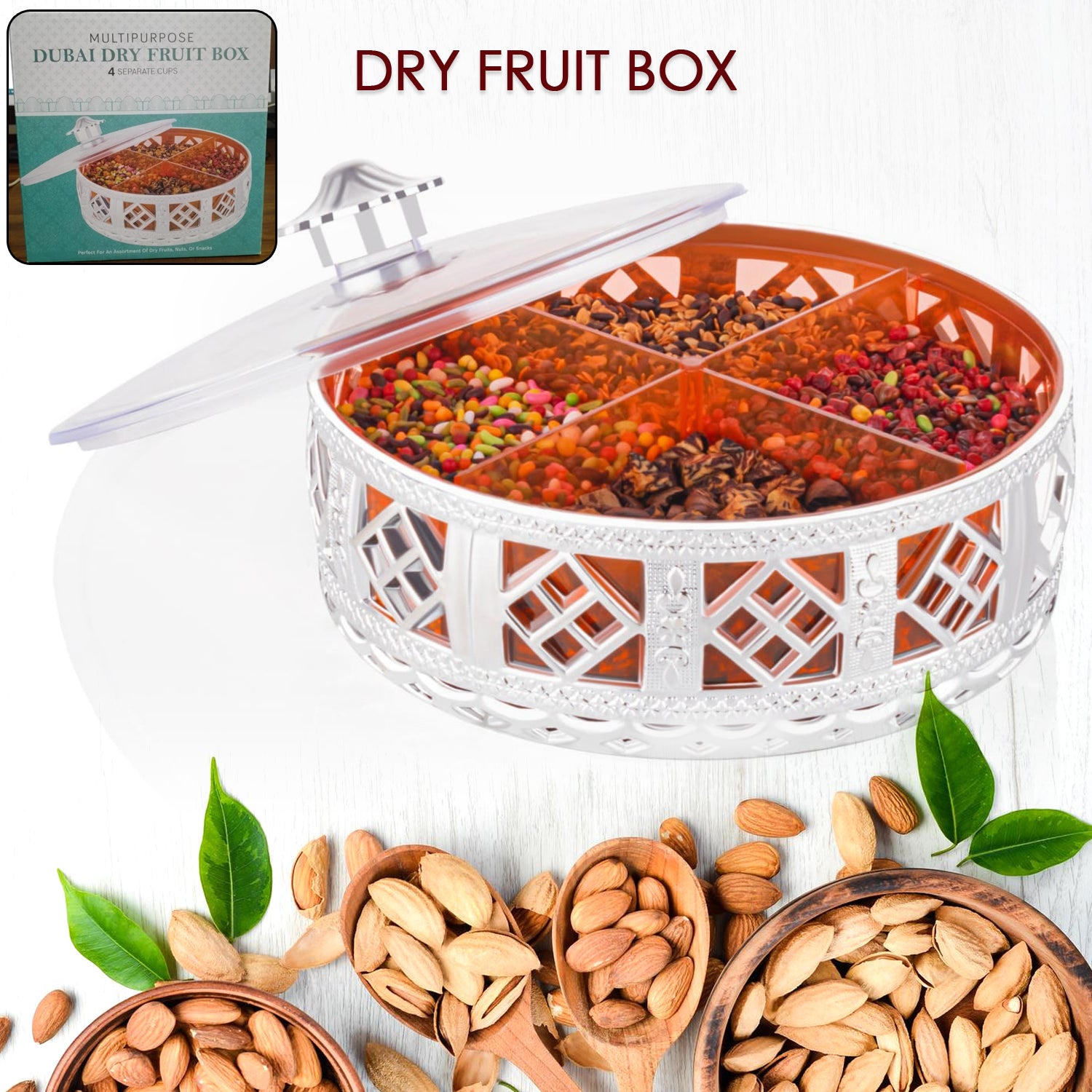 Wukusy silver round dry fruit box with four compartments, ideal for storing and serving dried fruits in kitchen or gift setting