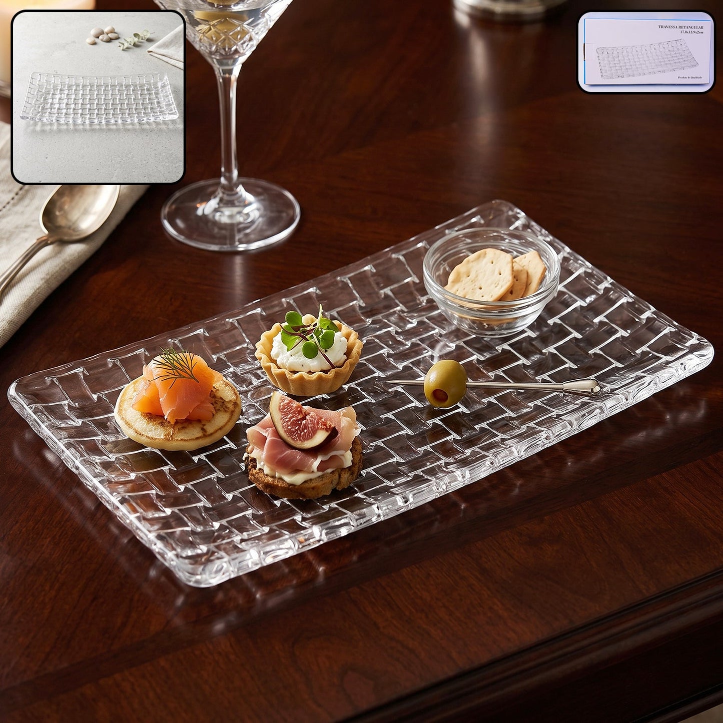 Transparent glass serving tray, 11-inch rectangular basketweave platter by Wukusy, showcasing its elegant design and clear surface.