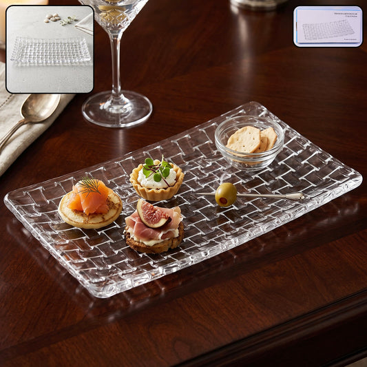 Transparent glass serving tray, 11-inch rectangular basketweave platter by Wukusy, showcasing its elegant design and clear surface.