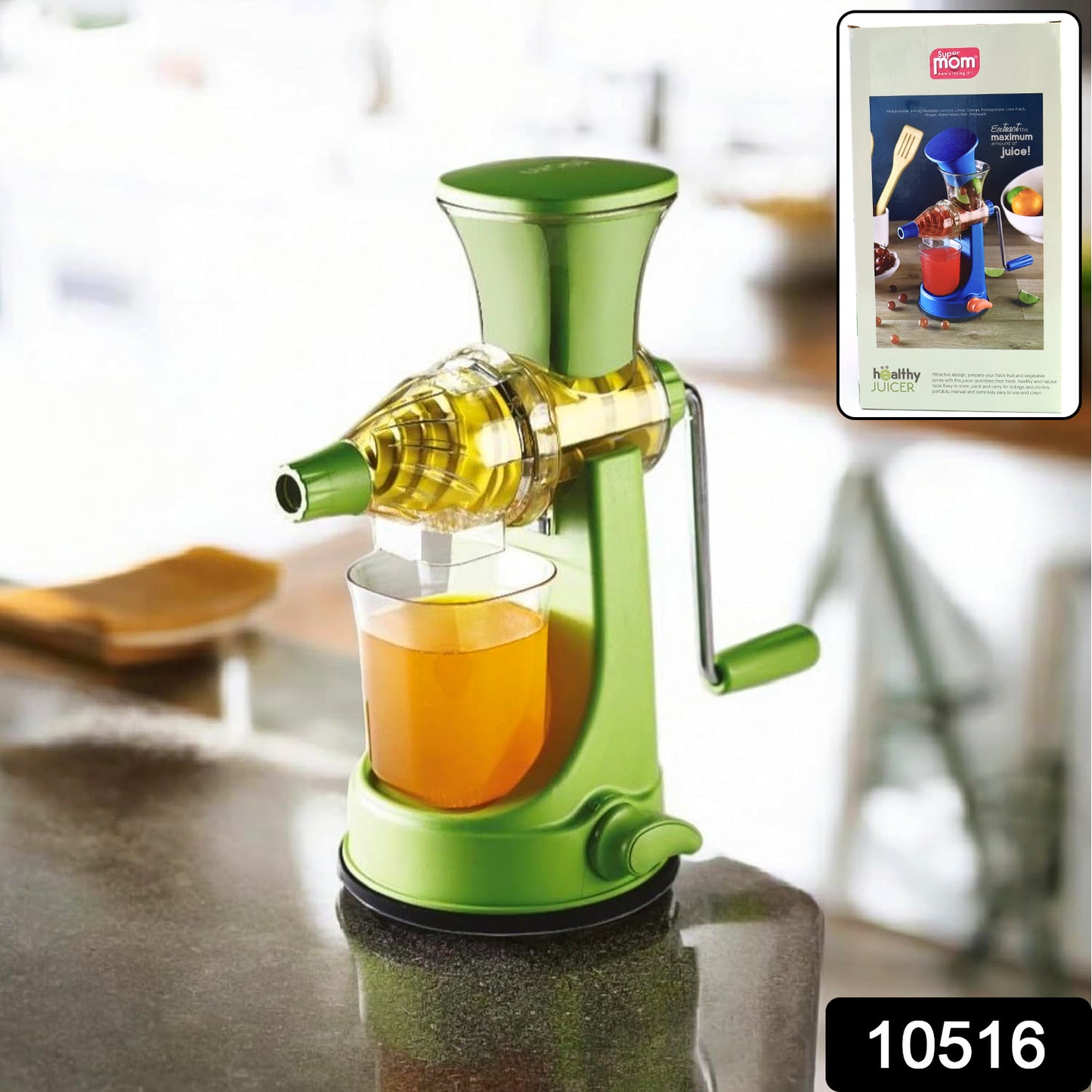 Wukusy Supermom manual multi-functional fruit and vegetable juicer on a kitchen countertop, showcasing its compact design and hand crank.
