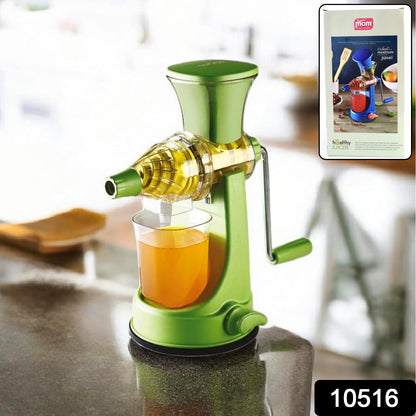 Wukusy Supermom manual multi-functional fruit and vegetable juicer on a kitchen countertop, showcasing its compact design and hand crank.