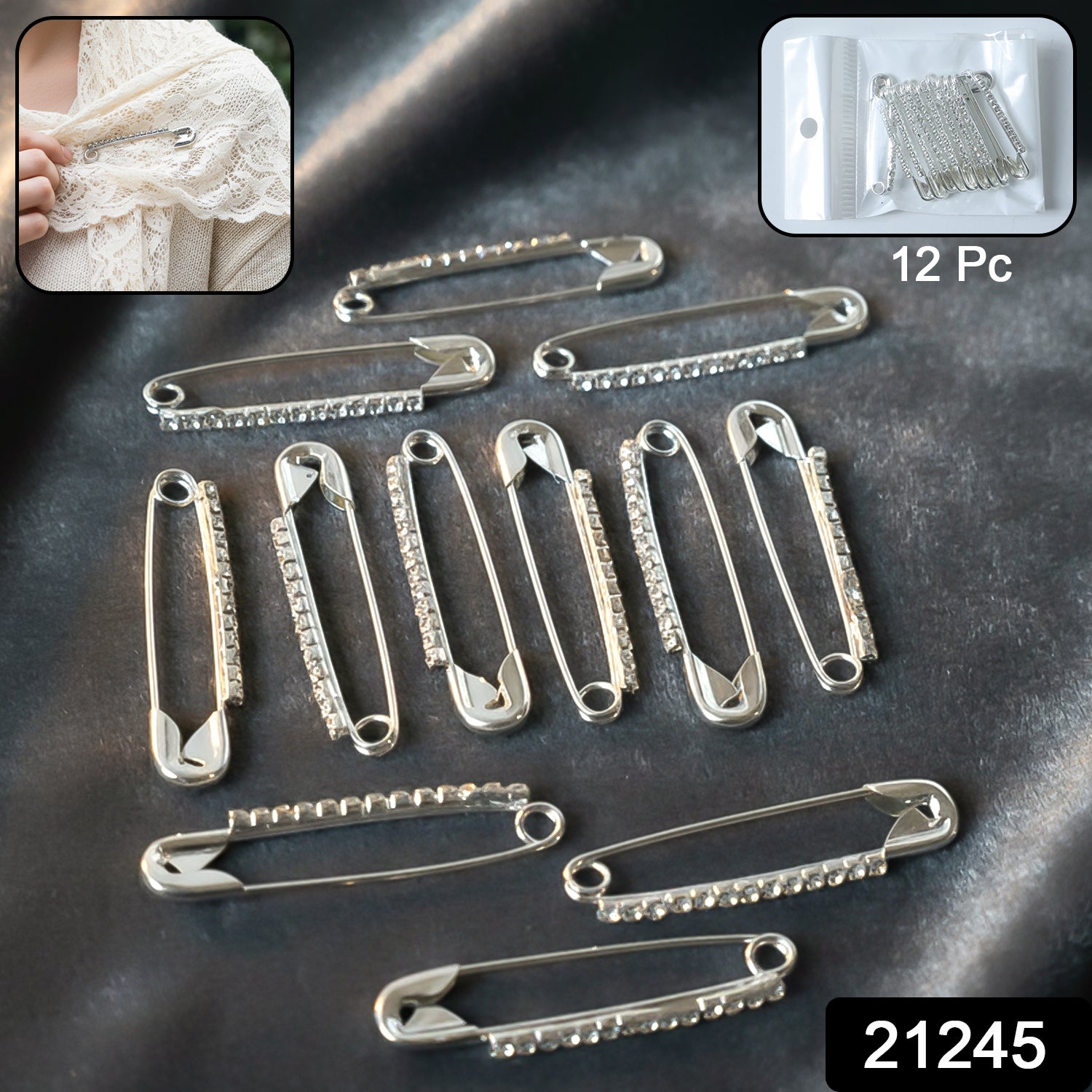 Set of 12 decorative silver finish safety pin brooches by Wukusy, featuring shiny metallic safety pins arranged in a stylish set.