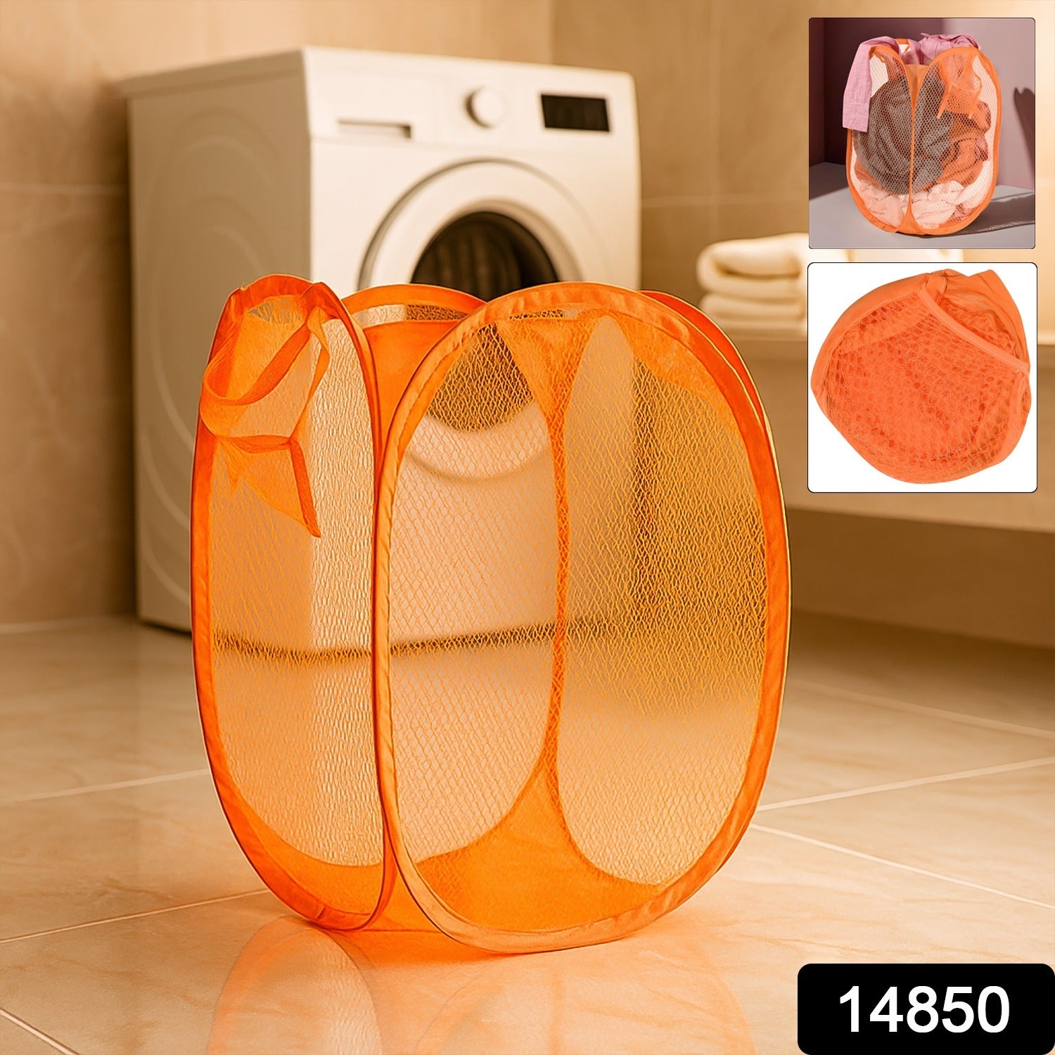 Foldable Wukusy mesh laundry basket hamper with pop-up design, lightweight and foldable for easy storage and transport.