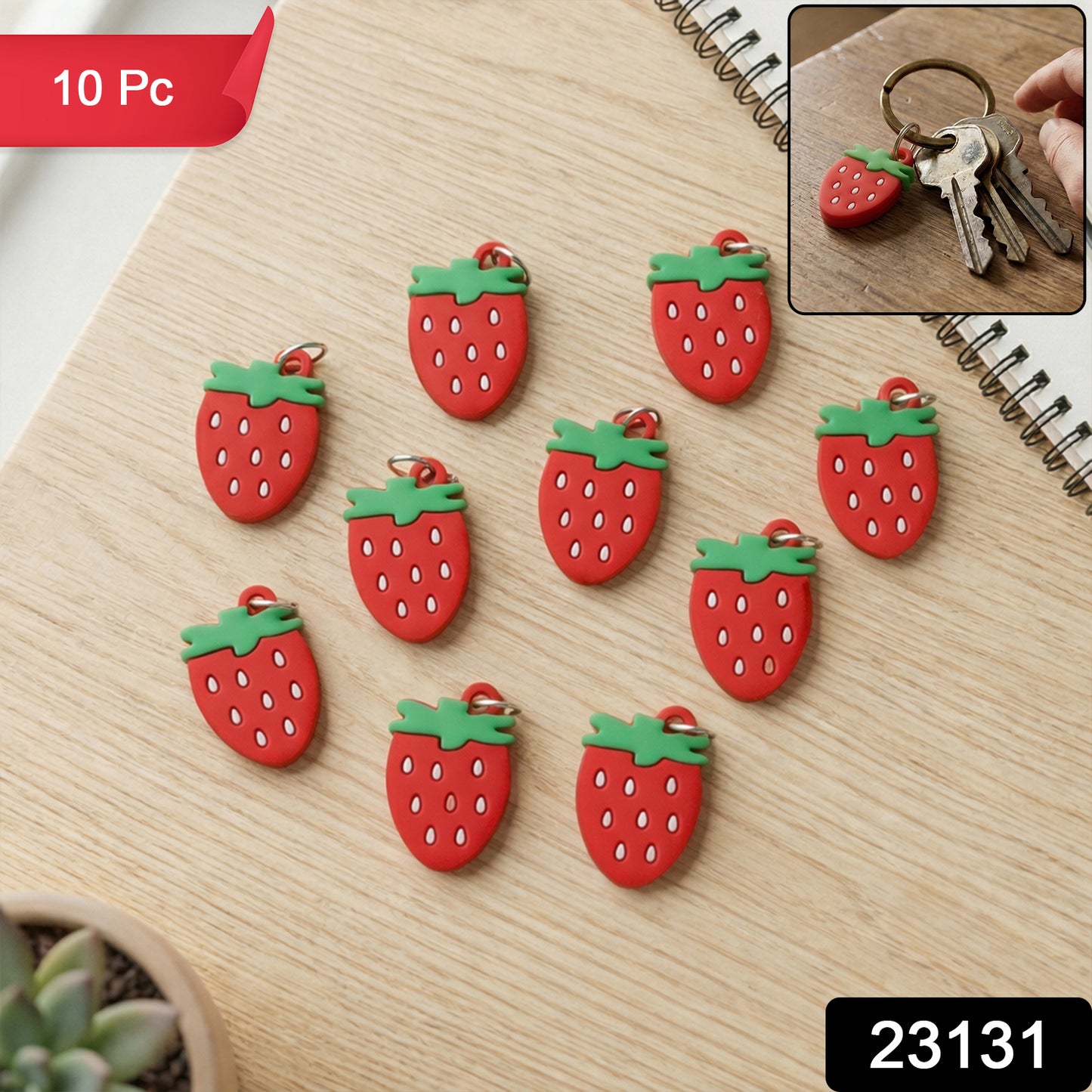 Wukusy strawberry design bag charm keychain set with 10 colorful fruity accessories on a white background