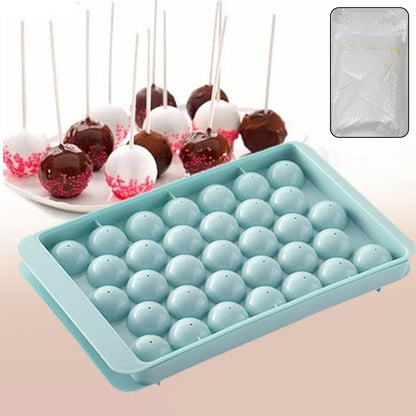 Wukusy plastic round reusable ice cube and lollipop candy mold with 33 cavities for 16.5 cm ice balls or lollipops.