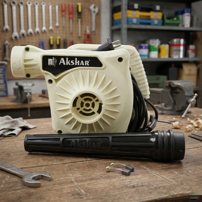 Wukusy Akshar Electric Air Blower Ai0040 with 850W power, showing a compact black and yellow handheld air blower in action.