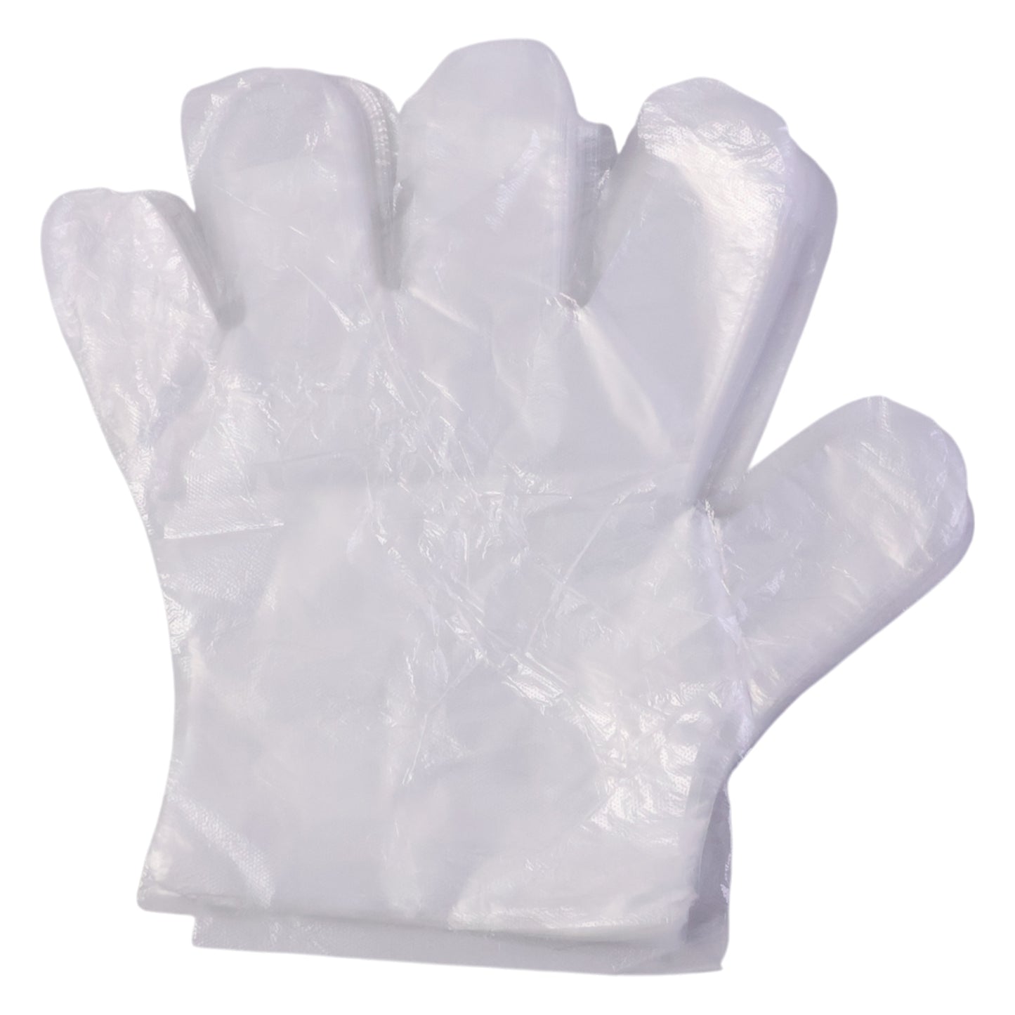 Pair of clear disposable plastic gloves from Wukusy, showing the lightweight, transparent material and textured fingertips for grip.