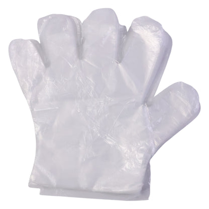 Pair of clear disposable plastic gloves from Wukusy, showing the lightweight, transparent material and textured fingertips for grip.