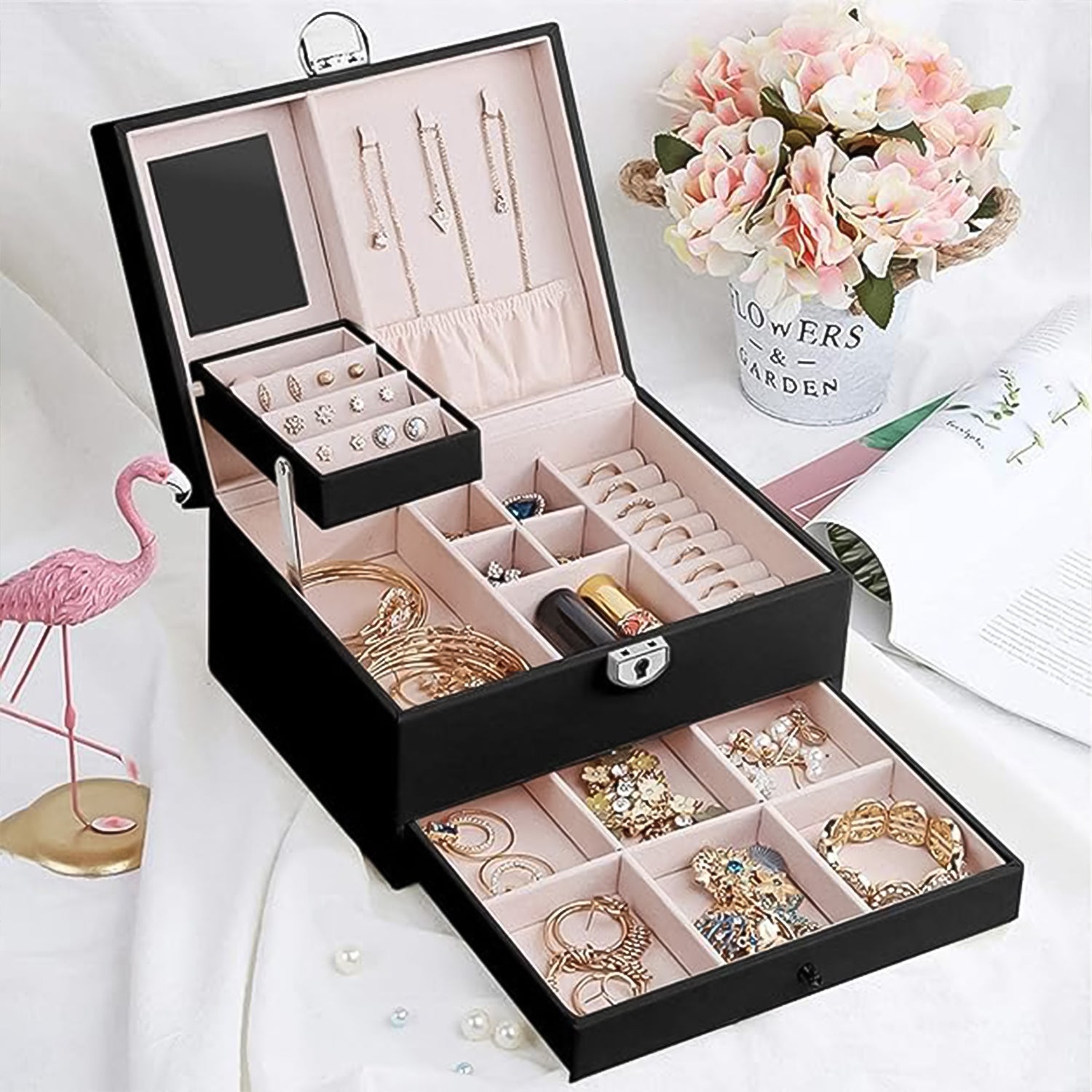 Wukusy multi-layer jewelry organizer box with compartments for necklaces, rings, and earrings on a white background.