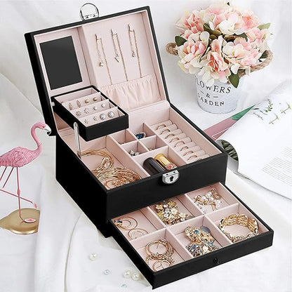 Wukusy multi-layer jewelry organizer box with compartments for necklaces, rings, and earrings on a white background.