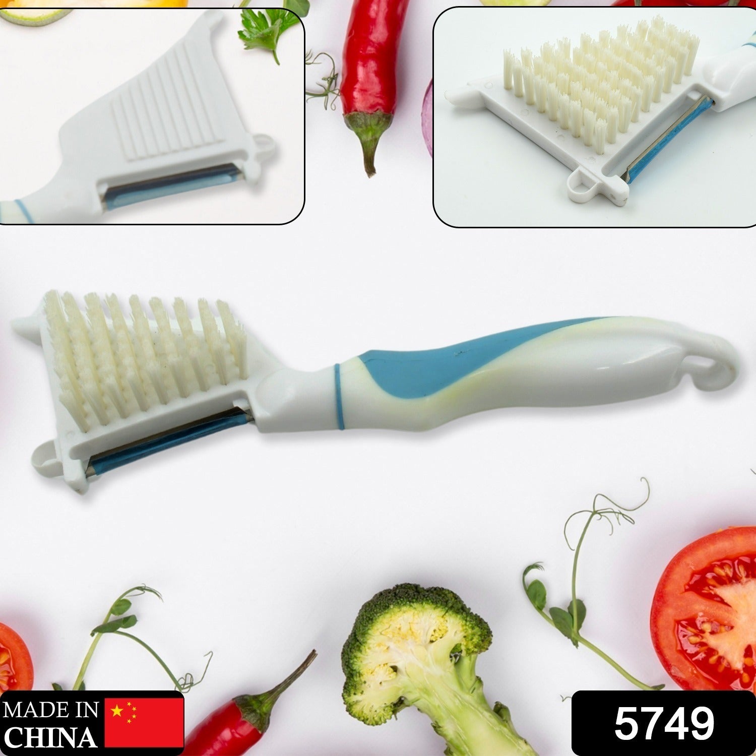 Wukusy multipurpose vegetable peeler with long handle and cleaning brush, stainless steel design for peeling potatoes, fruits, and vegetables.