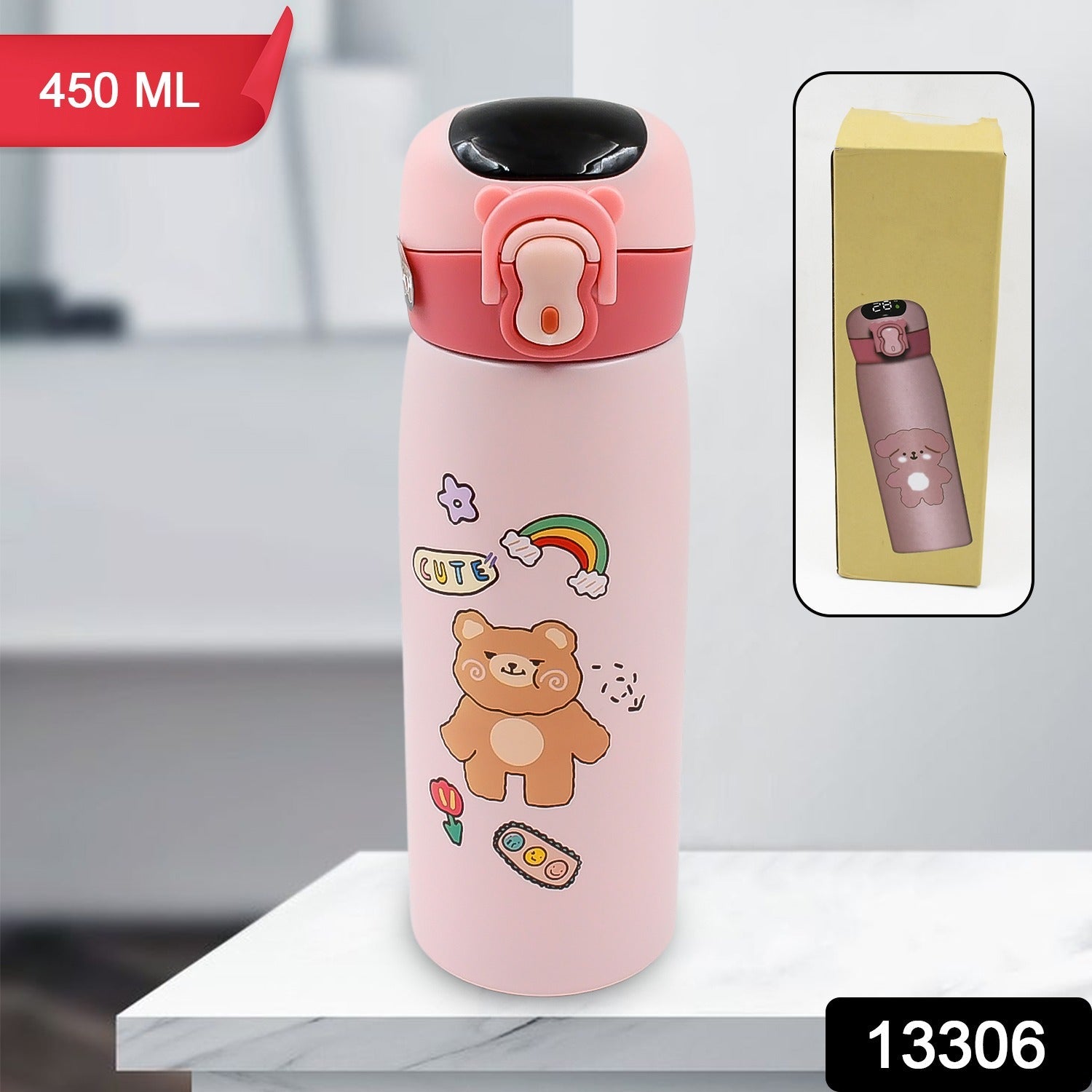 Wukusy smart vacuum insulated water bottle with LED temperature display, 450 ml, showing a sleek design and temperature indicator.