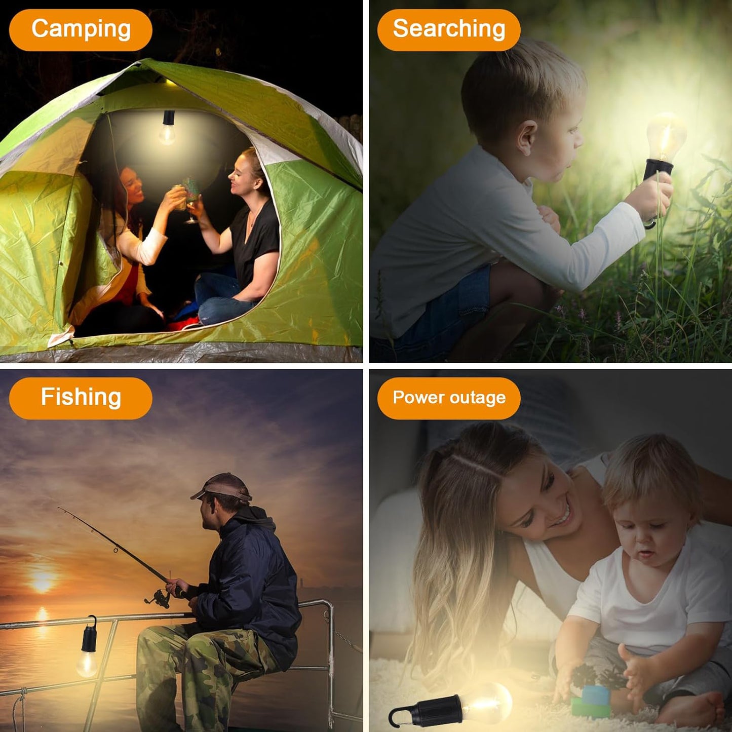 Wukusy rechargeable camping lantern with 3 lighting modes, clip hook, portable tent light for camping, hiking, and outdoor activities.