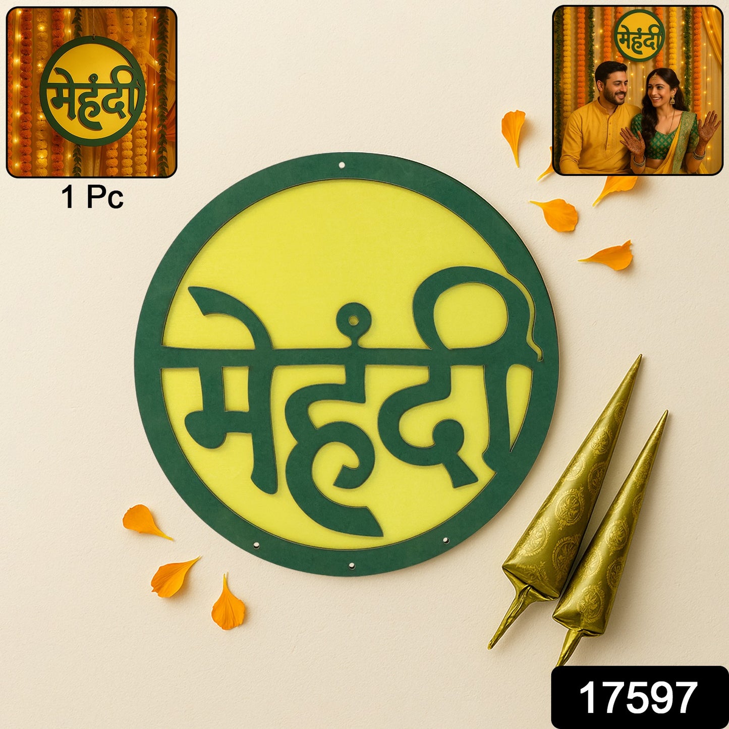 Wukusy mehndi ceremony wall hanging backdrop sign with decorative name plate for home decor display.