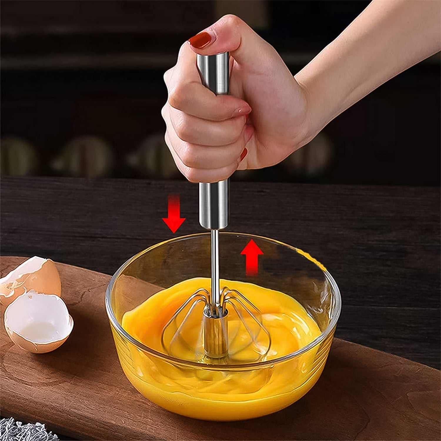 Wukusy stainless steel hand push mixer egg whisk for kitchen, compact and durable kitchen tool for beating eggs and mixing ingredients.