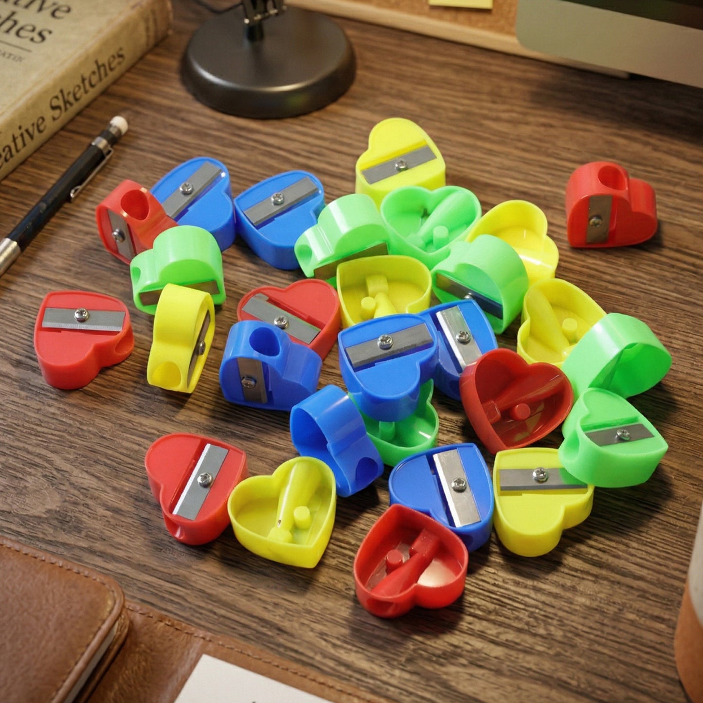 Wukusy heart-shaped pencil sharpener set with 28 colorful sharpeners in various sizes, designed for easy and fun pencil sharpening.