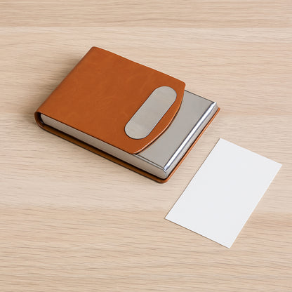 Wukusy premium leather finish visiting card holder with secure slot for business cards, sleek compact design.