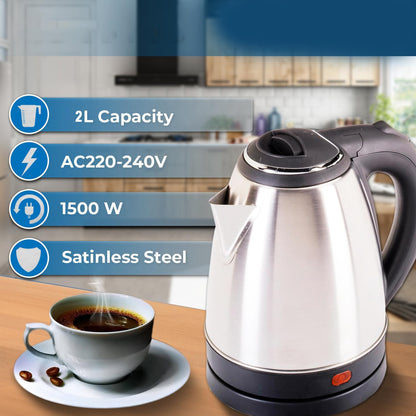 Wukusy Scarlatti stainless steel electric kettle with 2-liter capacity, featuring a sleek modern design and a convenient handle.