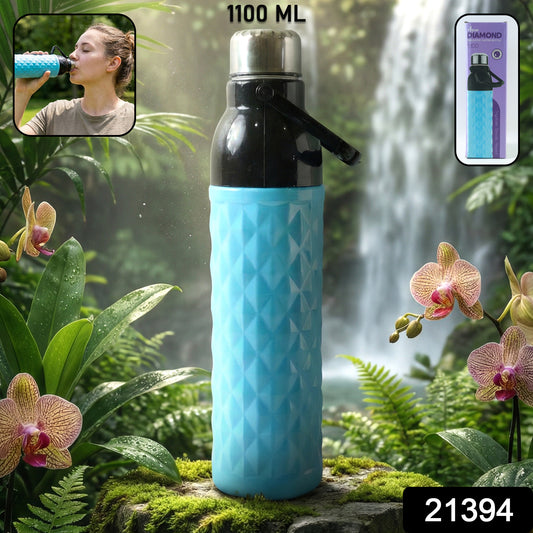 Wukusy plastic 1100ml diamond texture sports water bottle, durable and lightweight for active use, with a screw-on lid and textured grip.
