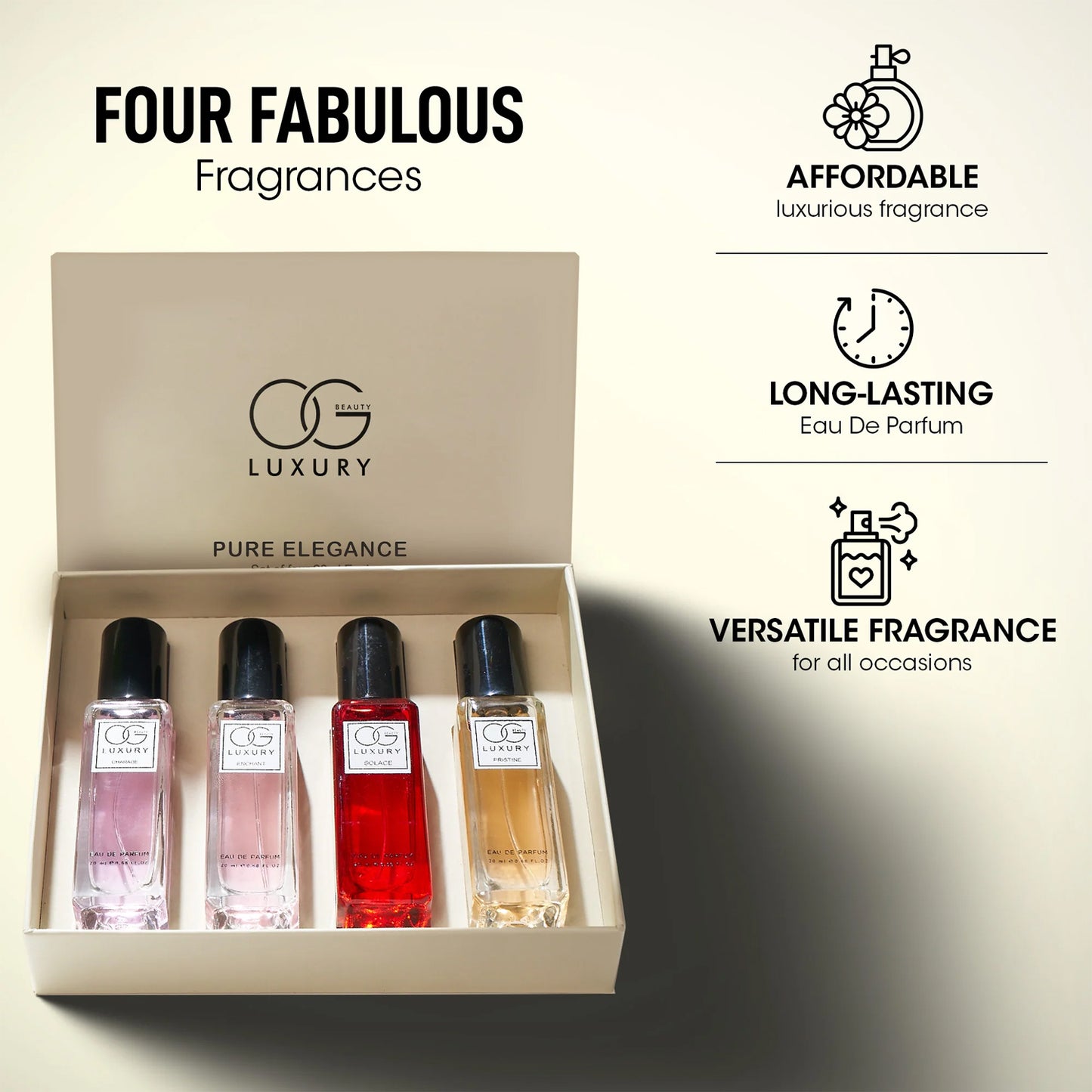 Wukusy Og Beauty Luxury Pure Elegance Eau De Parfum 4-piece set with 20ml bottles, showcasing elegant perfume bottles and packaging.