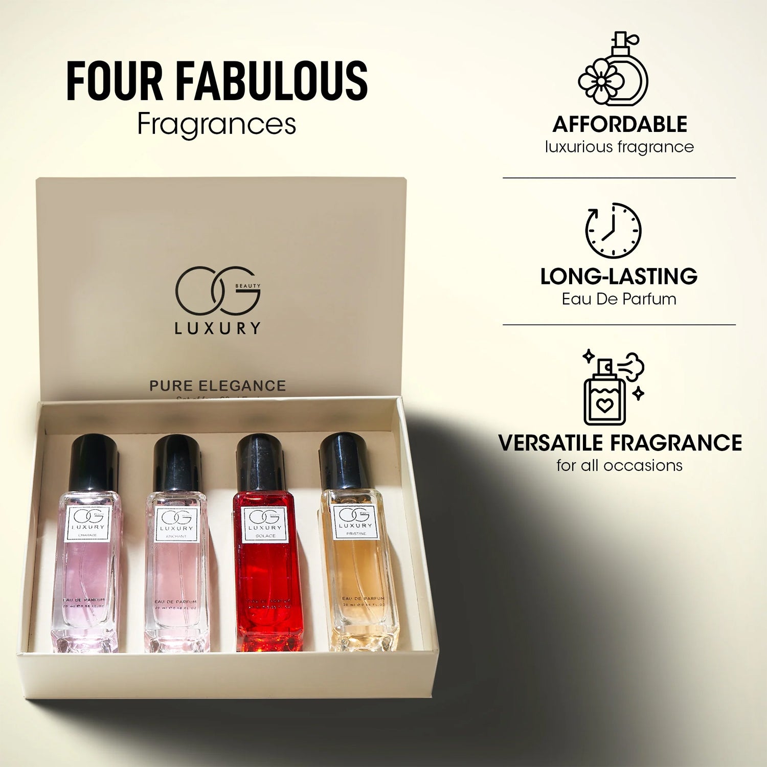 Wukusy Og Beauty Luxury Pure Elegance Eau De Parfum 4-piece set with 20ml bottles, showcasing elegant perfume bottles and packaging.