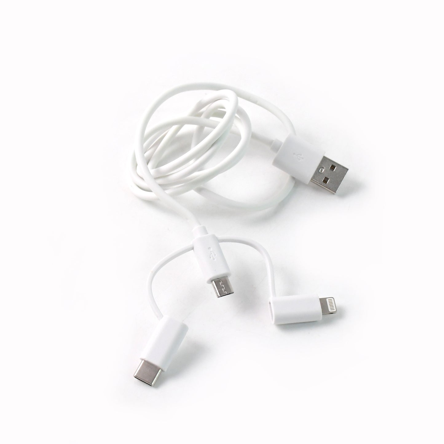 Wukusy 3-in-1 multi charging cable with USB, Lightning, and USB-C connectors for mobile devices on a white background.