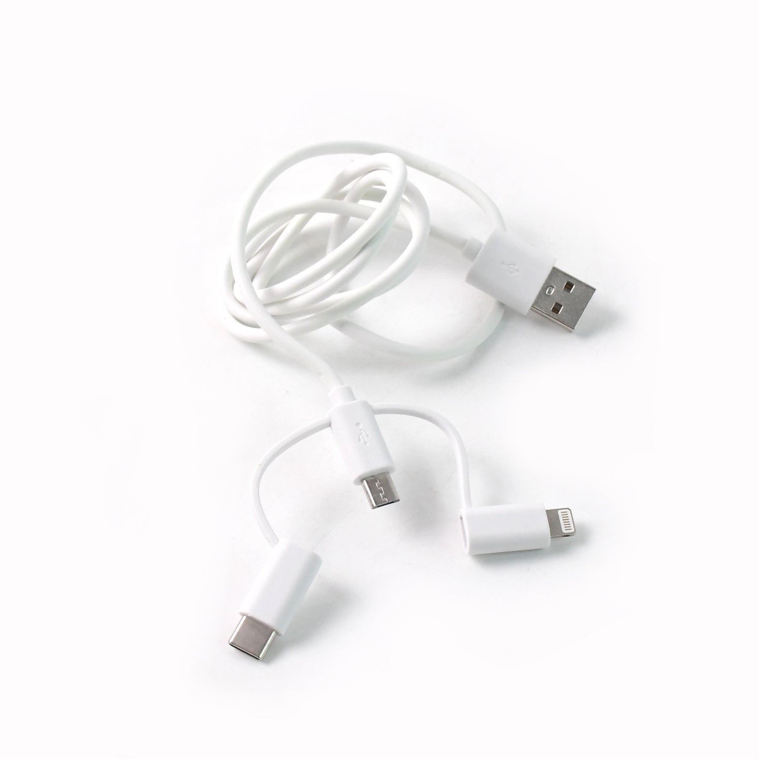 Wukusy 3-in-1 multi charging cable with USB, Lightning, and USB-C connectors for mobile devices on a white background.