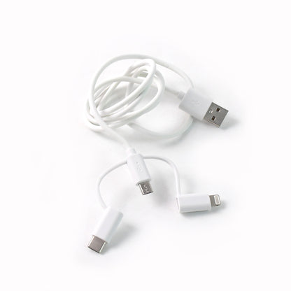 Wukusy 3-in-1 multi charging cable with USB, Lightning, and USB-C connectors for mobile devices on a white background.