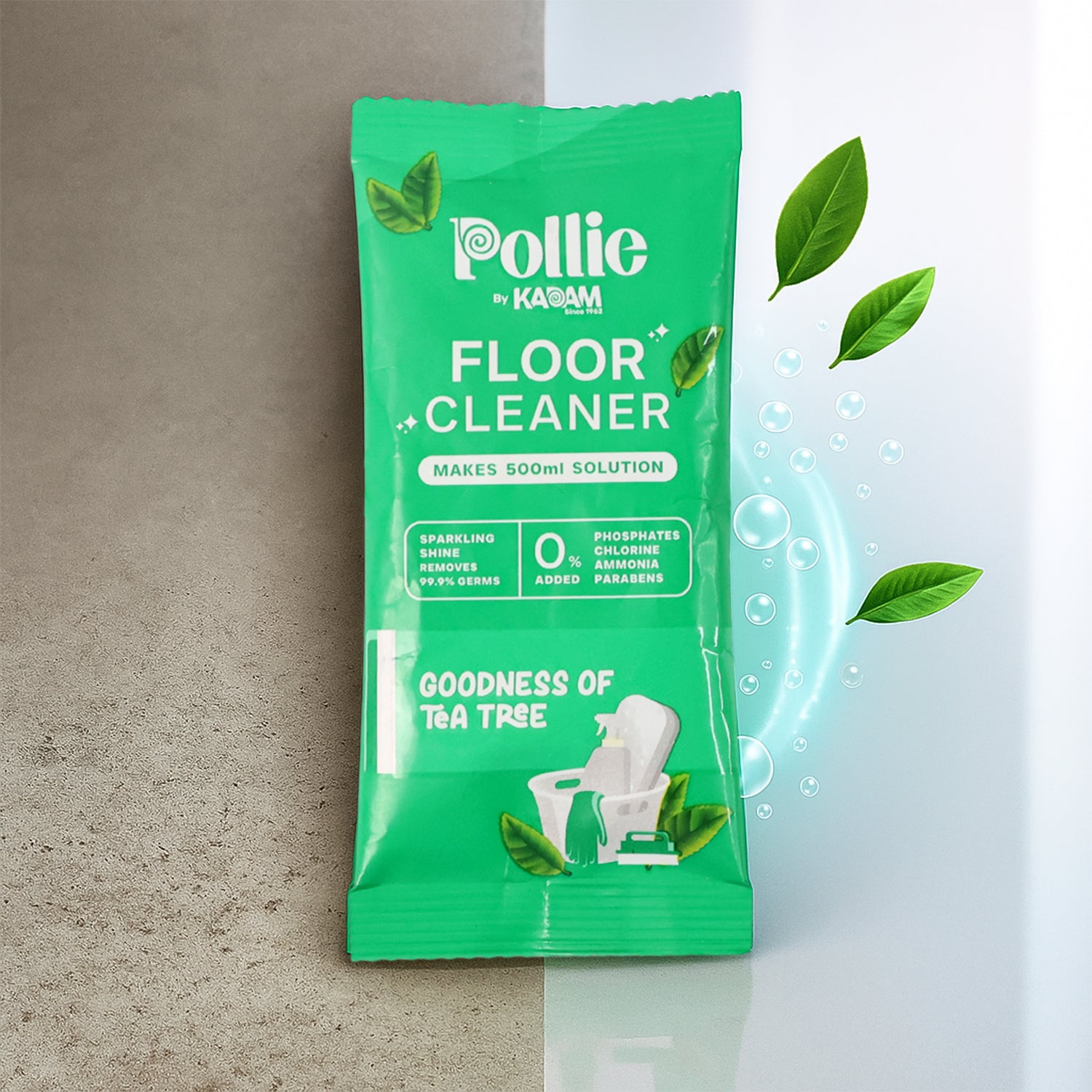 Wukusy Pollic Kadam concentrated floor cleaner sachet with tea tree fragrance, 50g, for sparkling clean floors and fresh scent.