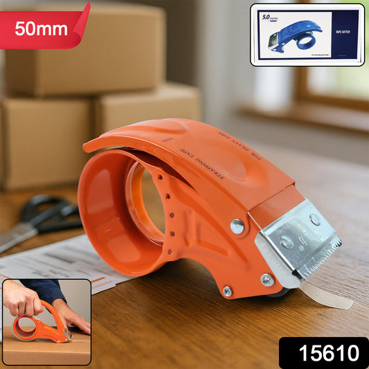 Heavy-duty Wukusy packing tape dispenser holding 50mm tape roll, designed for secure and efficient packaging.