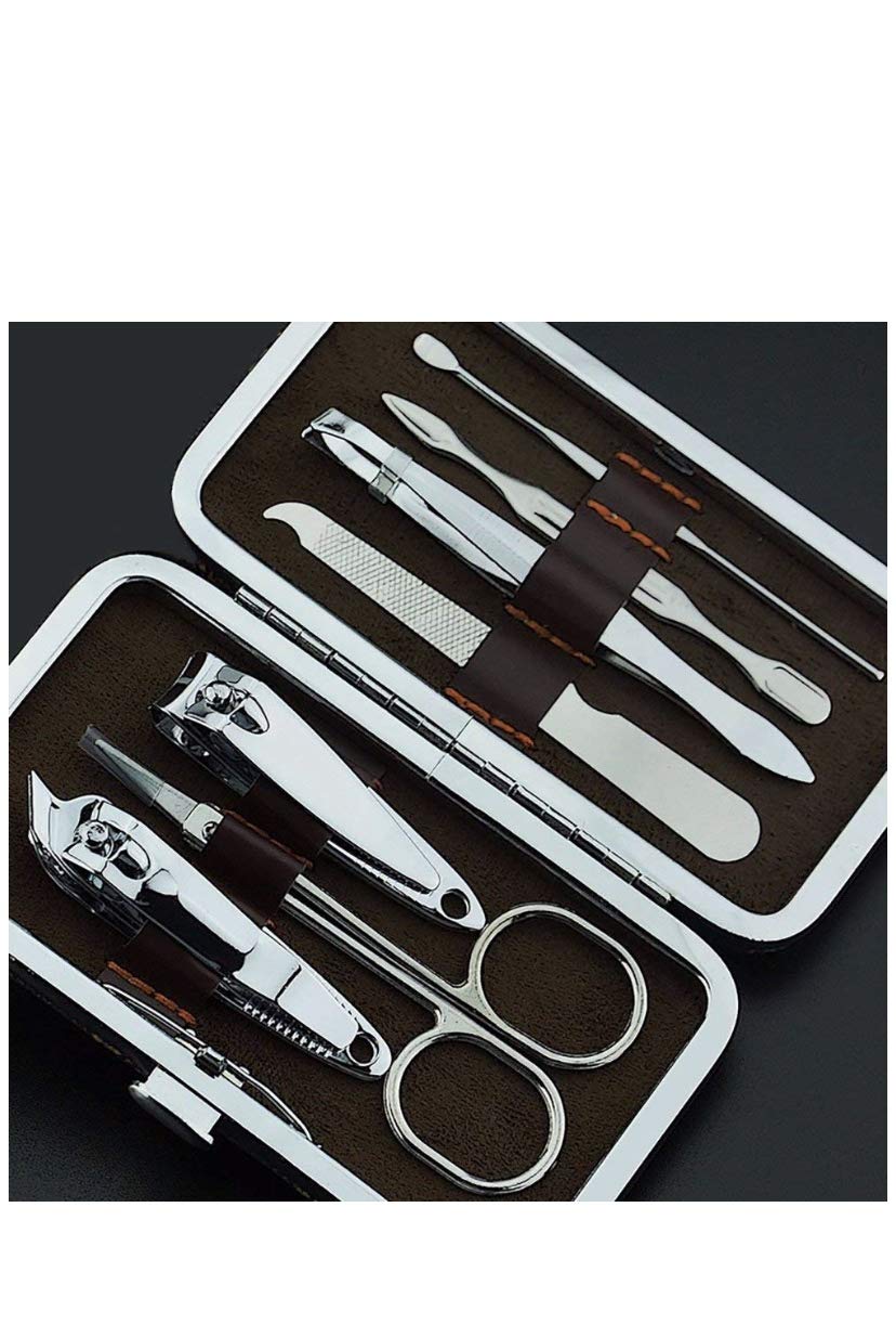 Wukusy 7-in-1 pedicure and manicure tools kit for women with various nail care tools arranged on a white background.