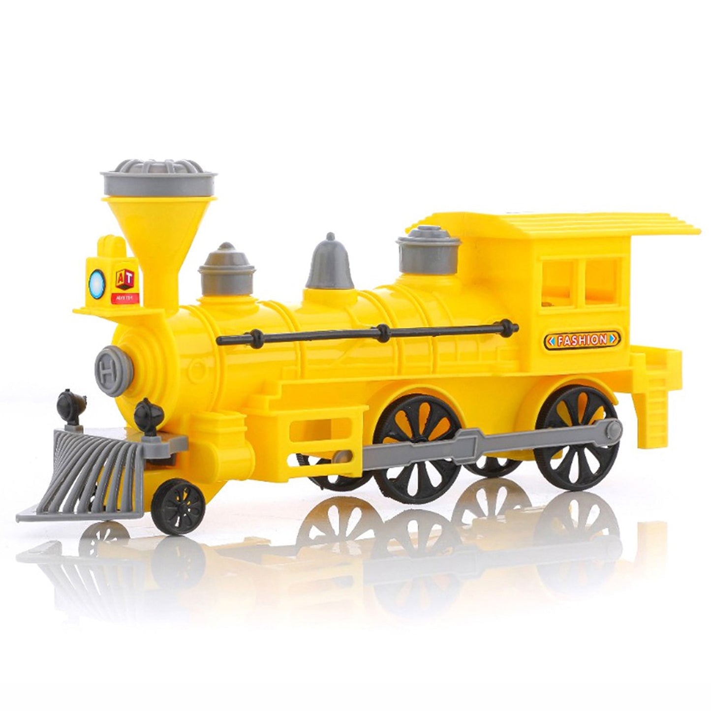 Colorful Wukusy Pull and Go plastic train toy with lights and pull-back mechanism for kids' play.