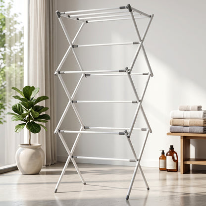 Wukusy 3-tier folding clothes drying rack with multiple arms for laundry, designed for balcony use, foldable for easy storage