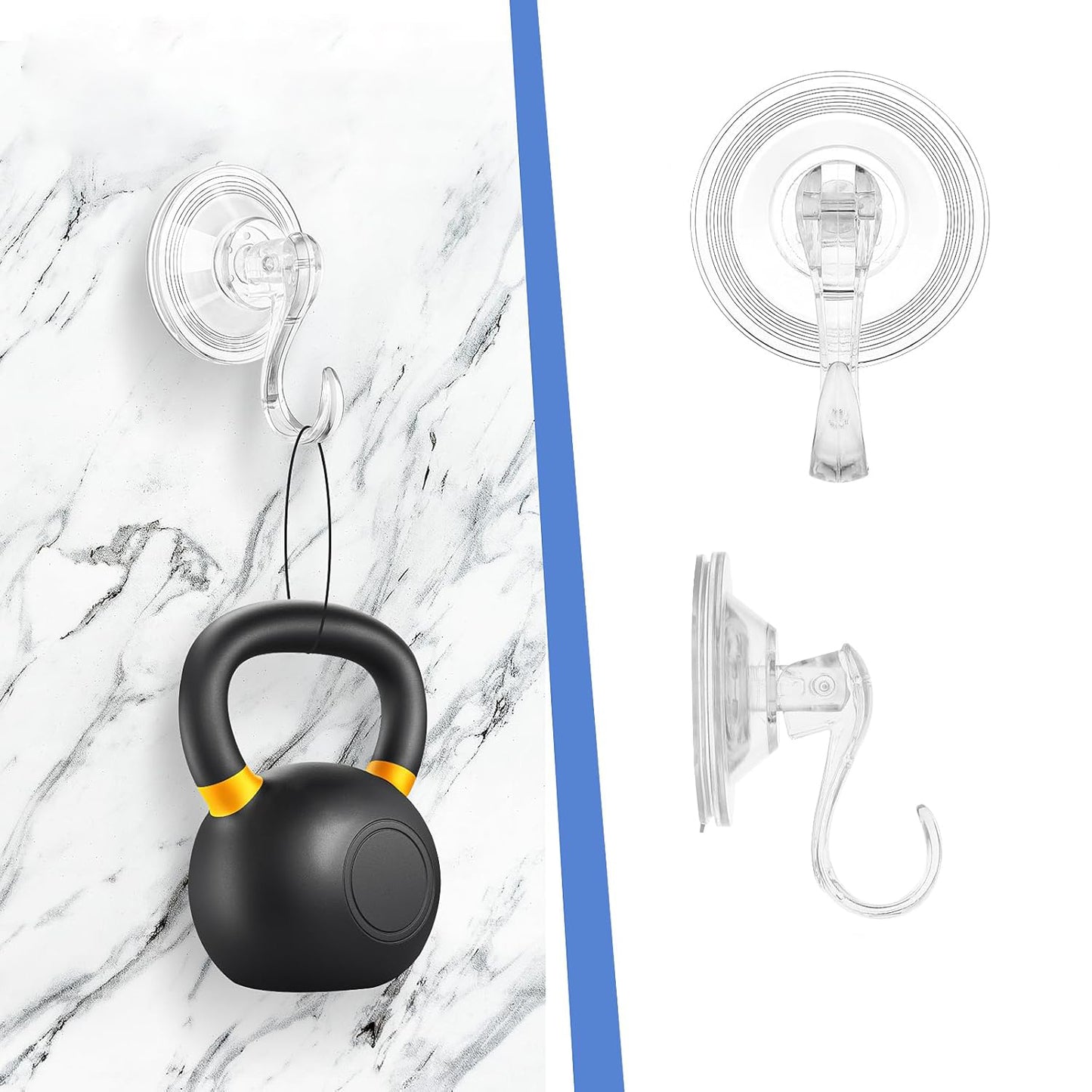 Set of four Wukusy plastic suction cup hooks attached to a smooth surface for hanging items, showcasing their strong grip and simple design.