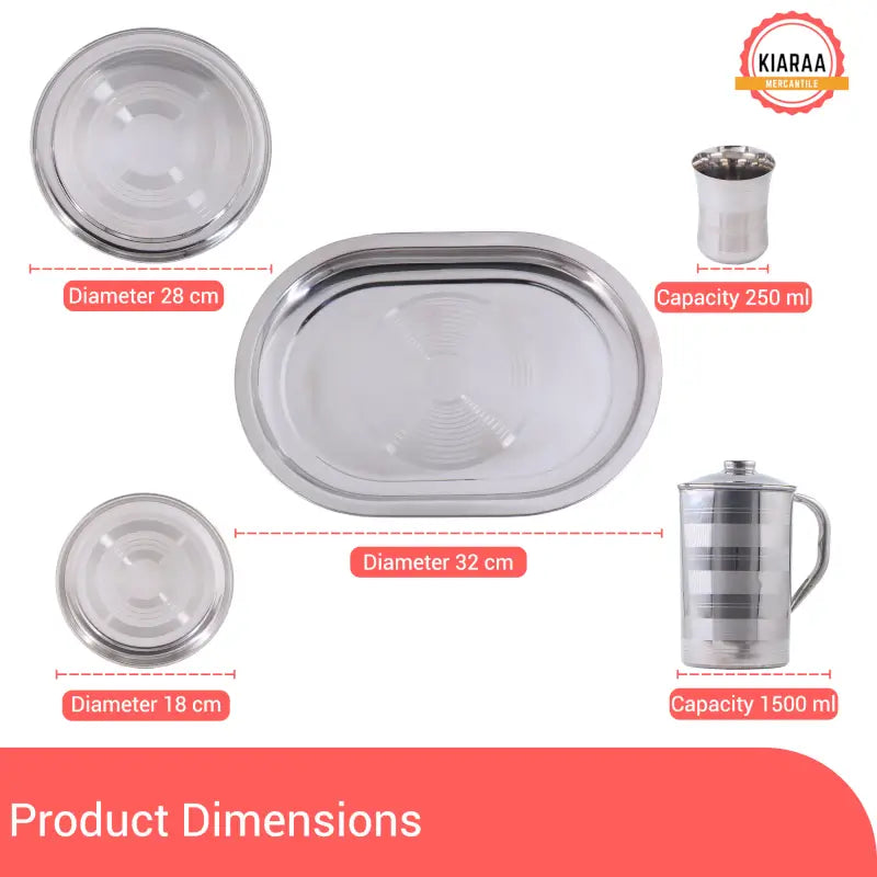 Ekom KIARAA 61-piece stainless steel dinner set with plates, bowls, and utensils arranged for kitchen and dining use