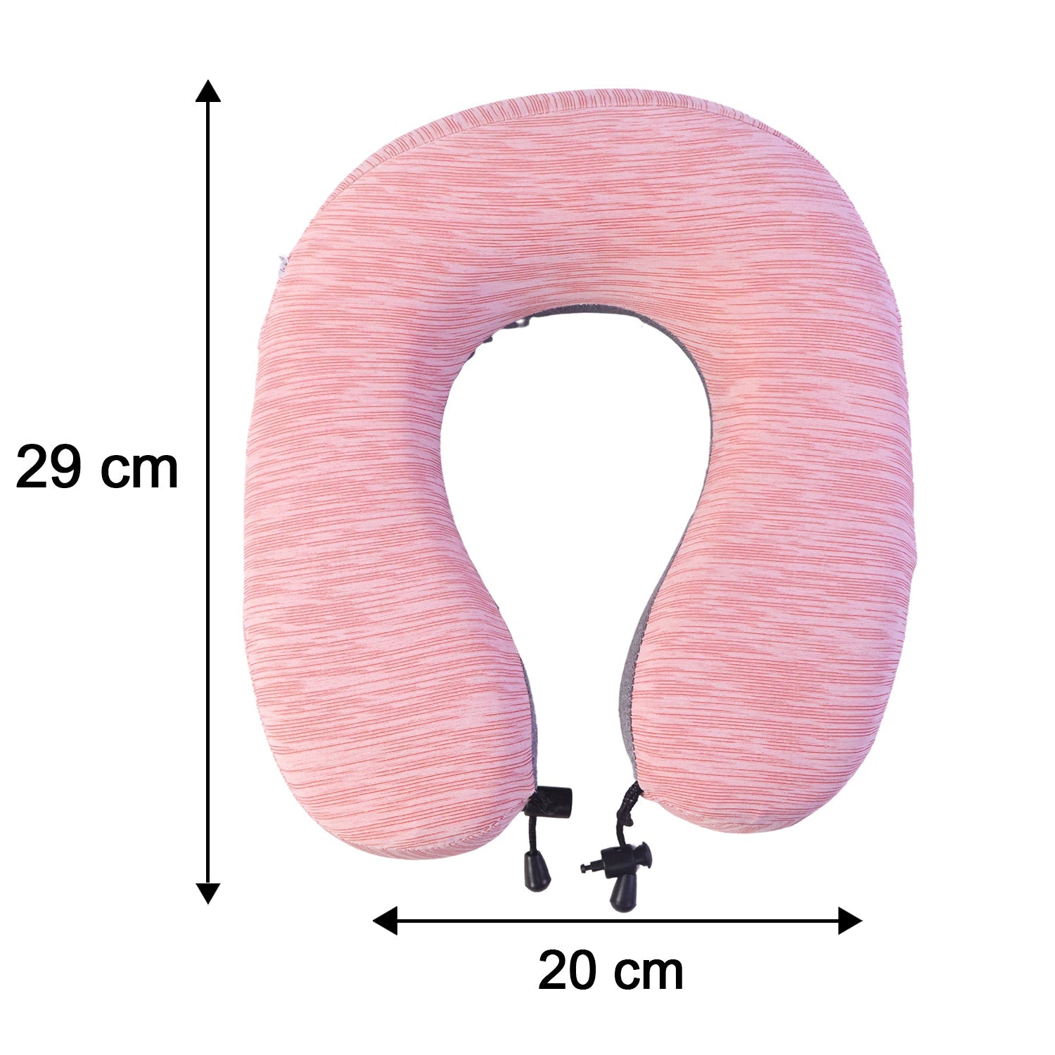 Pink and grey U-shaped travel neck pillow with drawstring toggle by Wukusy, designed for comfort during travel.