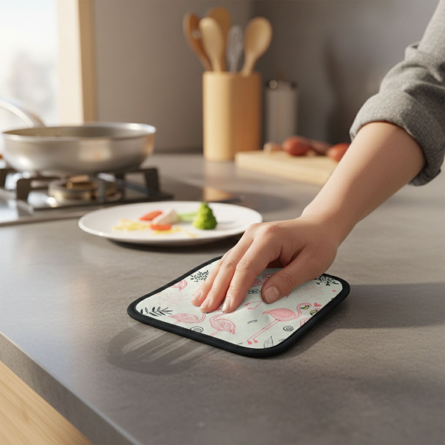 Wukusy printed kitchen pot holder heat resistant mat with colorful design, 2020 cm, for protecting surfaces from hot cookware.