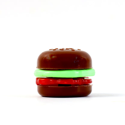 Mini burger toy for kids by Wukusy, realistic mini burger shape with bun, lettuce, cheese, and patty for imaginative play.