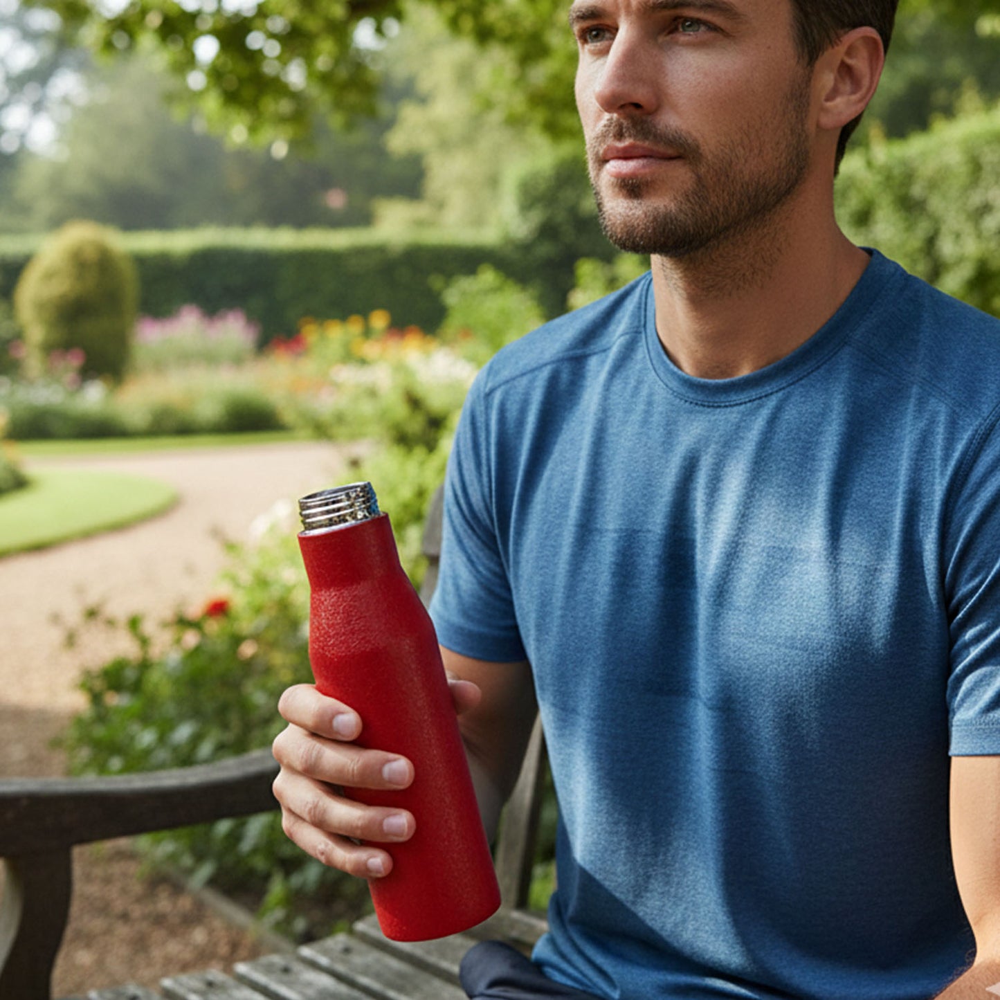 Red stainless steel water bottle by Wukusy, 1000ml capacity, with a sleek, durable design for hydration on the go.