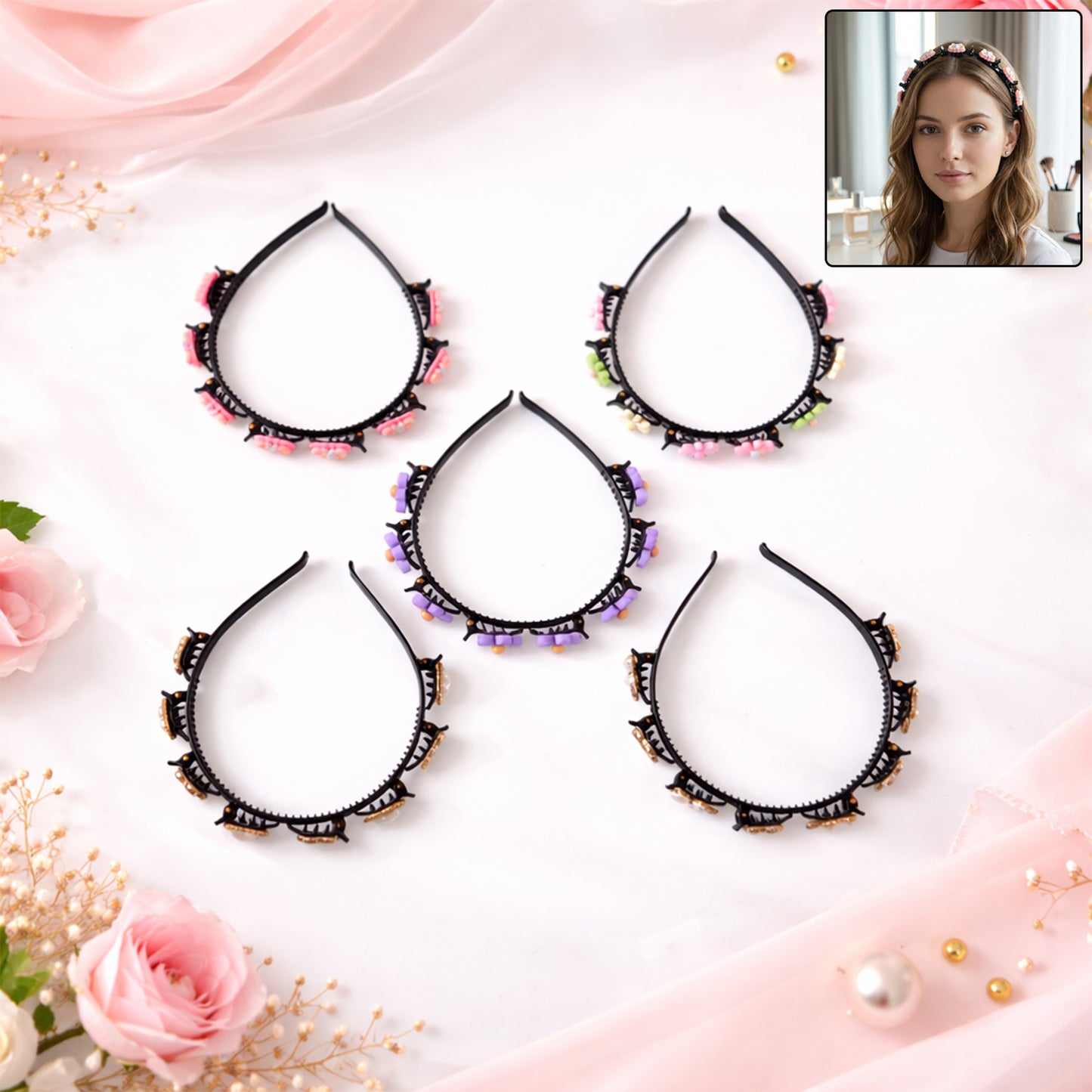 Decorative floral beaded hairband for women and girls with mixed design, featuring colorful beads and floral accents, by Wukusy.