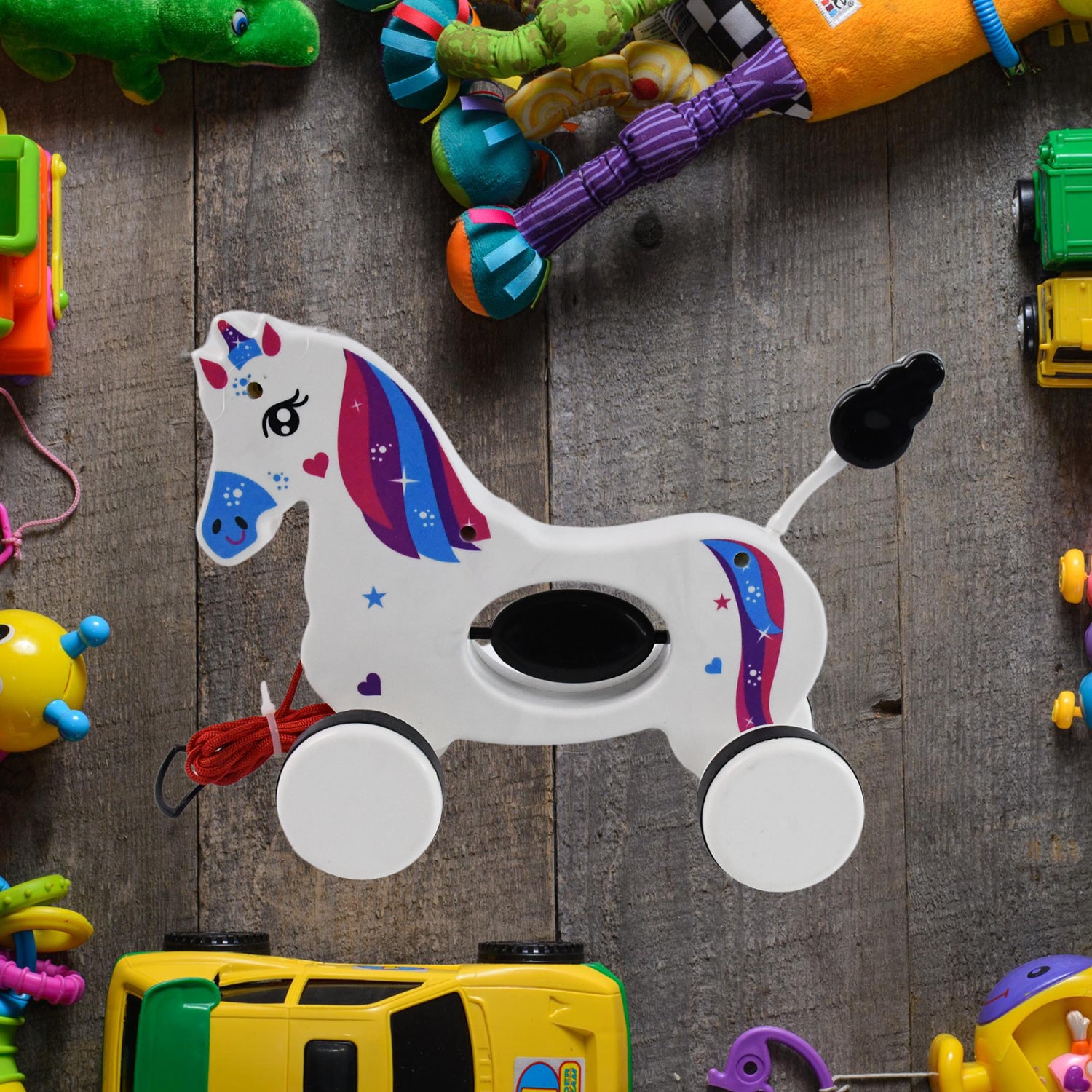 Wukusy pull along toy unicorn for babies with a string, featuring colorful details and a friendly unicorn design.