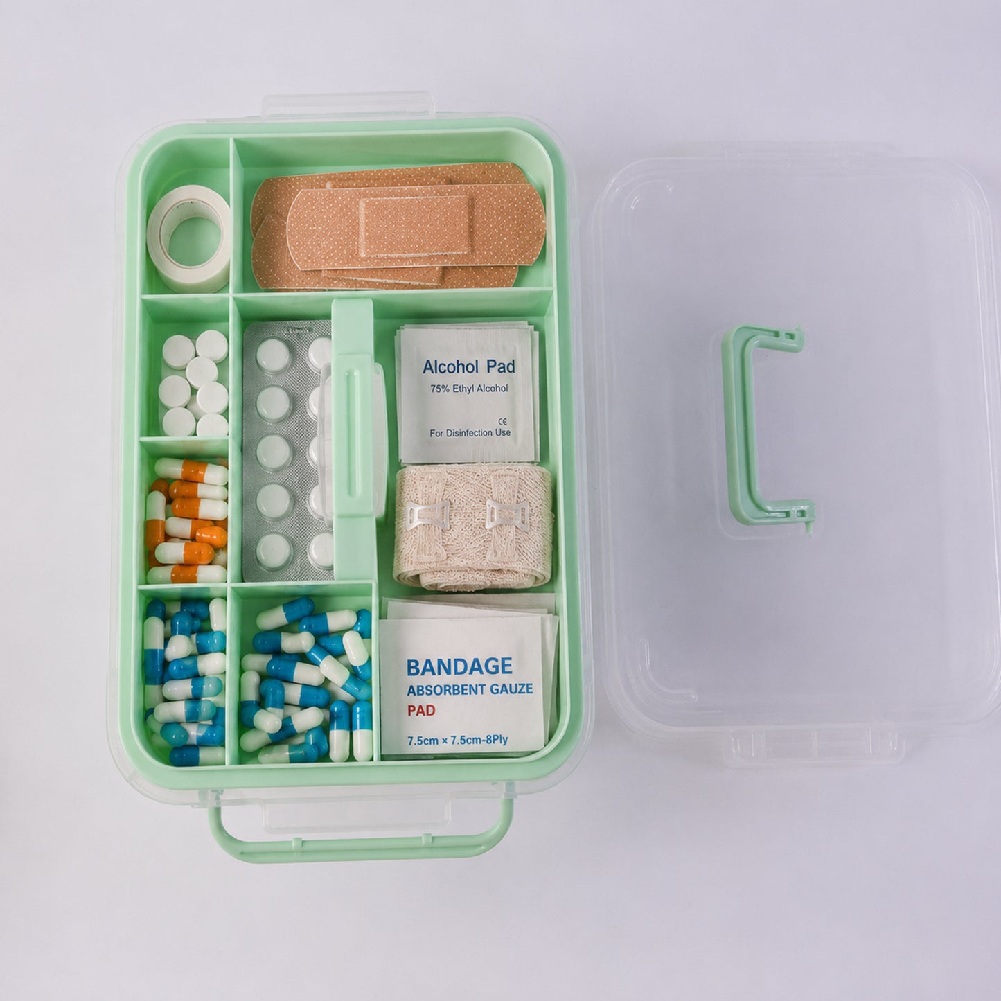Wukusy plastic medicine storage box with lid, first aid organizer for tablets and healthcare supplies, shown with open lid.