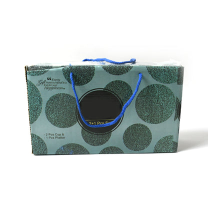 Wukusy Alpino ceramic tea cups set with milk cups and plastic serving platter, BPA-free and food-grade for household or outdoor use.