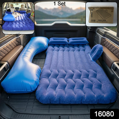Wukusy portable dark blue car air mattress bed set with pump and pillows, inflatable for comfortable travel or camping.