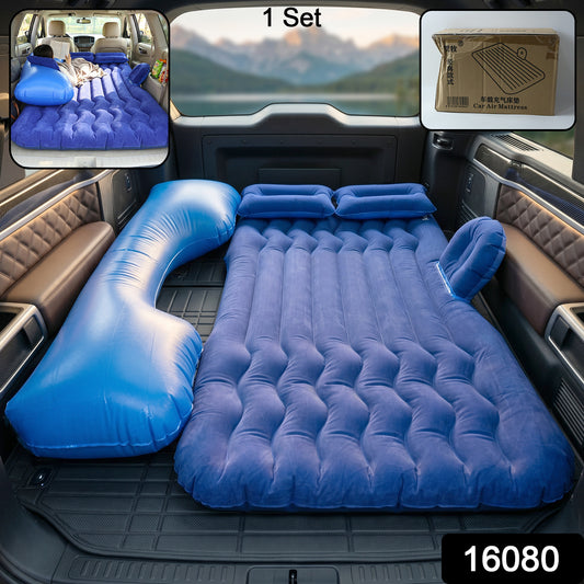 Wukusy portable dark blue car air mattress bed set with pump and pillows, inflatable for comfortable travel or camping.