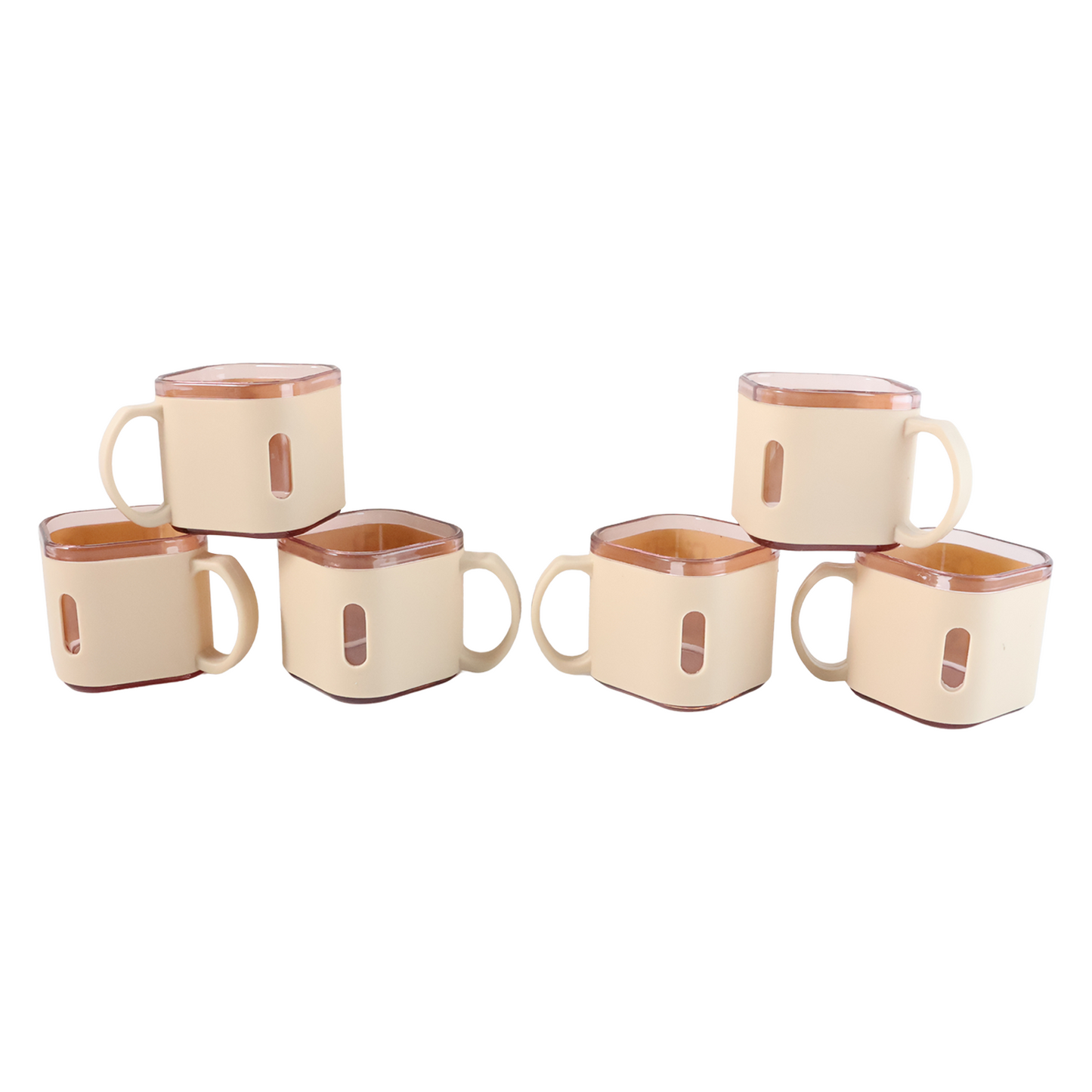 Six-piece Wukusy premium square-shaped tea cup set with 150 ml capacity, featuring modern ceramic tea cups on a white background.