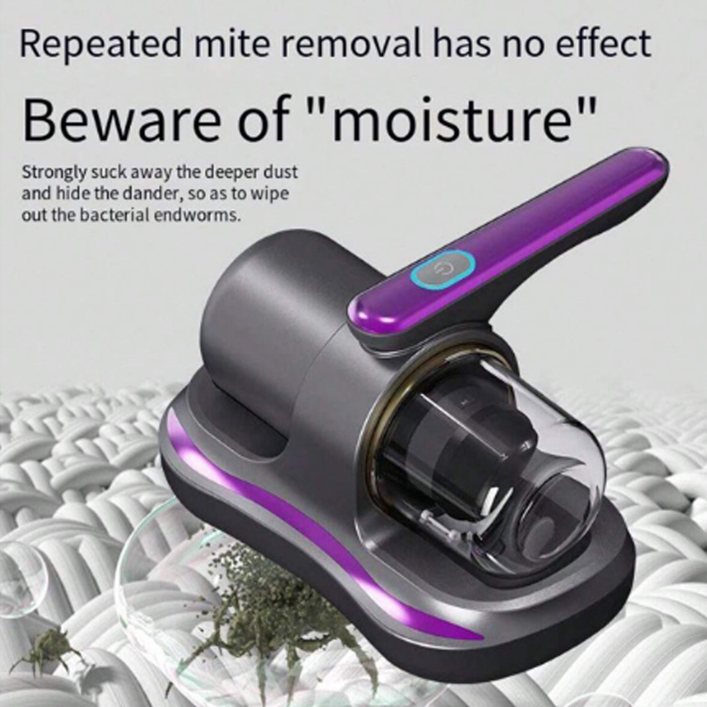 Wukusy portable handheld vacuum cleaner with powerful suction, cordless design, and low noise for cleaning beds, sofas, car seats, and pillows.