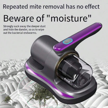 Wukusy portable handheld vacuum cleaner with powerful suction, cordless design, and low noise for cleaning beds, sofas, car seats, and pillows.